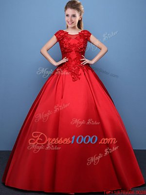 Popular Scoop Cap Sleeves Lace Up Floor Length Appliques Quinceanera Dress