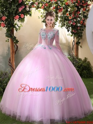High End Tulle Scoop Long Sleeves Lace Up Appliques Quinceanera Dresses in Lilac
