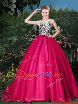 Scoop Zipper Ball Gown Prom Dress Hot Pink and In for Military Ball and Sweet 16 and Quinceanera with Appliques and Belt Brush Train