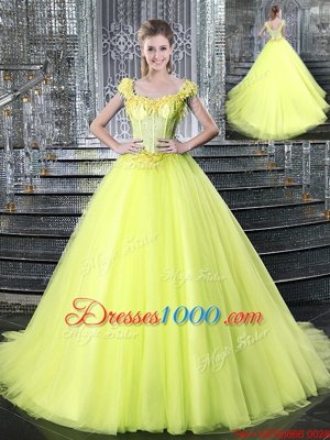 Custom Fit Straps Straps Sleeveless Brush Train Beading and Appliques Lace Up Quince Ball Gowns