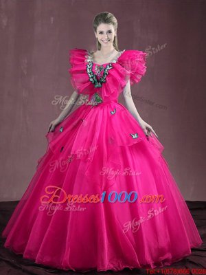 Floor Length Ball Gowns Sleeveless Hot Pink 15th Birthday Dress Lace Up