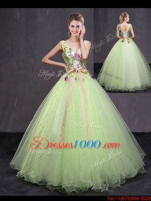 Yellow Green Tulle Lace Up V-neck Sleeveless Floor Length Quinceanera Gowns Appliques and Belt
