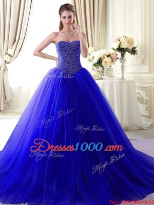 Sleeveless Brush Train Lace Up With Train Beading Quinceanera Gowns