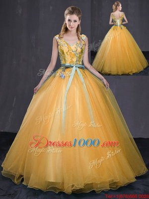 V-neck Sleeveless 15th Birthday Dress Floor Length Appliques and Belt Gold Tulle