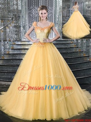 Hot Selling Straps Straps Beading Quinceanera Dresses Gold Lace Up Sleeveless With Brush Train