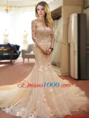 On Sale Mermaid Champagne Wedding Dress Wedding Party and For with Appliques and Hand Made Flower Sweetheart Sleeveless Court Train Lace Up