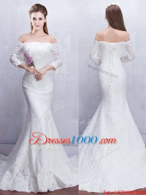 Great Mermaid Off the Shoulder With Train White Wedding Gown Lace Brush Train 3|4 Length Sleeve Lace