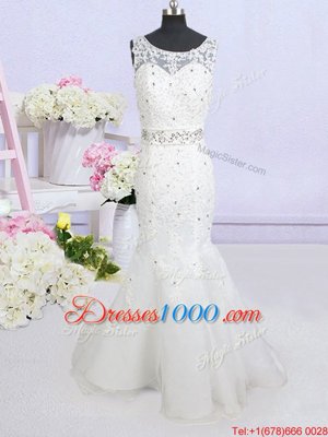 Dynamic Mermaid White Wedding Dress Wedding Party and For with Beading and Lace and Appliques and Bowknot Scoop Sleeveless Brush Train Backless