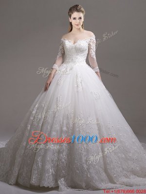 Inexpensive White Ball Gowns Tulle Off The Shoulder Half Sleeves Lace and Appliques Zipper Wedding Dress Cathedral Train
