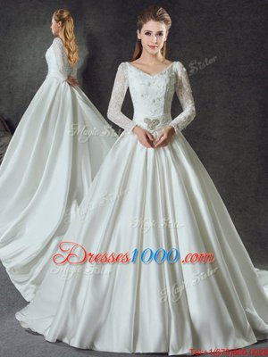 Suitable White Wedding Dress Wedding Party and For with Lace and Belt V-neck Long Sleeves Chapel Train Lace Up