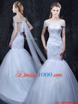 Low Price Mermaid Off the Shoulder With Train White Wedding Dress Tulle Brush Train Short Sleeves Lace and Appliques
