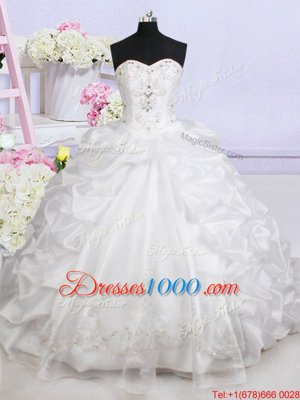 Pretty Organza Sleeveless With Train Wedding Dresses Brush Train and Beading and Appliques and Pick Ups