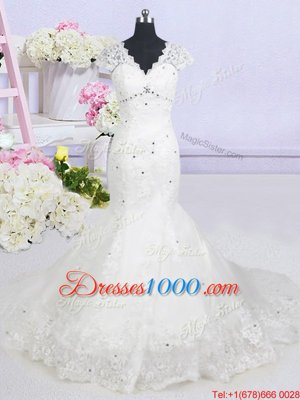 With Train Mermaid Cap Sleeves White Wedding Gown Brush Train Lace Up