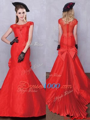 Attractive Pleated Brush Train Mermaid Bridal Gown Red Scoop Taffeta and Lace Short Sleeves Zipper