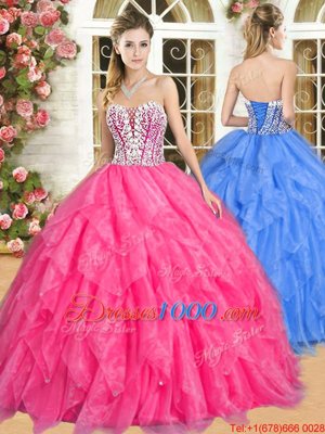 Ball Gowns Quinceanera Dress Hot Pink Sweetheart Organza Sleeveless Floor Length Lace Up