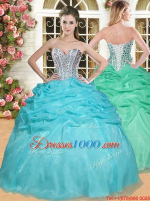 Aqua Blue Quinceanera Dress Military Ball and Sweet 16 and Quinceanera and For with Beading and Pick Ups Sweetheart Sleeveless Lace Up