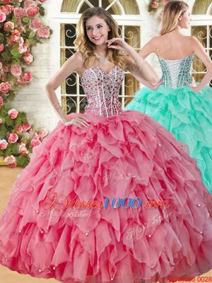 Coral Red Lace Up Quinceanera Dress Beading and Ruffles Sleeveless Floor Length