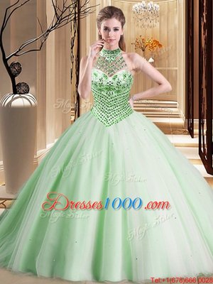 Pretty Halter Top Tulle Sleeveless With Train Quince Ball Gowns Brush Train and Beading