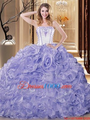 Lavender Organza Lace Up Strapless Sleeveless Floor Length Quince Ball Gowns Embroidery and Ruffles