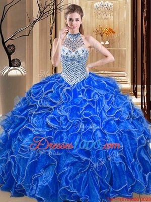 Halter Top Royal Blue Lace Up Quinceanera Dress Beading and Ruffles Sleeveless Floor Length