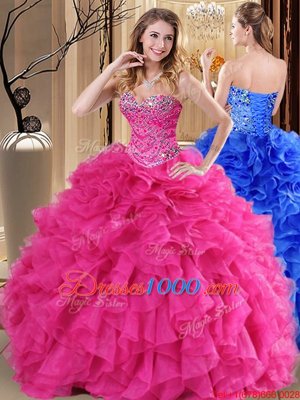 Fitting Organza Sweetheart Sleeveless Lace Up Beading and Ruffles Ball Gown Prom Dress in Hot Pink