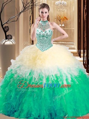 Chic Halter Top Floor Length Lace Up 15th Birthday Dress Multi-color and In for Military Ball and Sweet 16 and Quinceanera with Beading and Ruffles