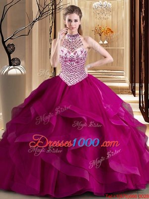 Fashionable Brush Train Ball Gowns 15 Quinceanera Dress Fuchsia Halter Top Tulle Sleeveless With Train Lace Up