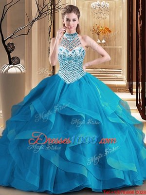 Blue Quince Ball Gowns Military Ball and Sweet 16 and Quinceanera and For with Beading and Ruffles Halter Top Sleeveless Brush Train Lace Up