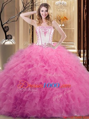 On Sale Rose Pink Ball Gowns Strapless Sleeveless Tulle Floor Length Lace Up Embroidery Quinceanera Dress