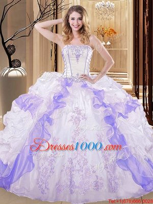White And Purple Sleeveless Embroidery and Ruffled Layers Floor Length Quinceanera Dresses