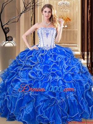 Traditional Ball Gowns Quince Ball Gowns Royal Blue Strapless Organza Sleeveless Floor Length Lace Up