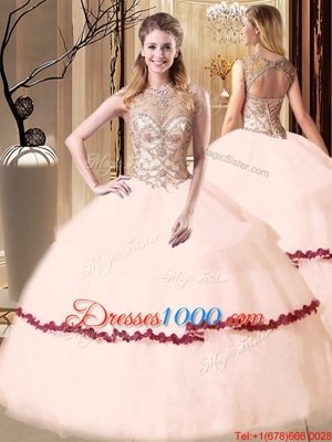 Eye-catching Peach Scoop Lace Up Beading and Appliques Sweet 16 Dresses Sleeveless