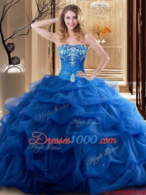 Exquisite Sweetheart Sleeveless Sweet 16 Quinceanera Dress Floor Length Embroidery and Ruffles Royal Blue Tulle