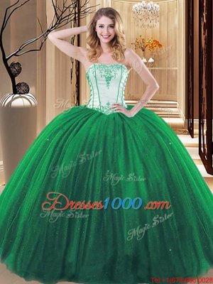 Green Tulle Lace Up Quinceanera Gowns Sleeveless Floor Length Embroidery