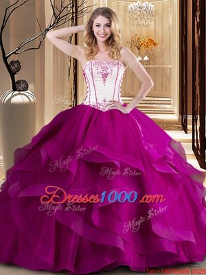 Romantic Sleeveless Floor Length Embroidery Lace Up Quince Ball Gowns with Fuchsia