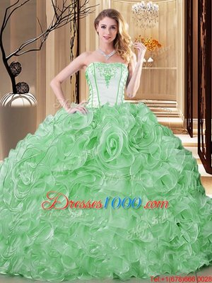 Floor Length Lace Up Quinceanera Dresses Green and In for Military Ball and Sweet 16 and Quinceanera with Embroidery and Ruffles