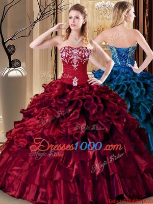 Best Wine Red Ball Gowns Sweetheart Sleeveless Organza Floor Length Lace Up Embroidery and Ruffles 15 Quinceanera Dress