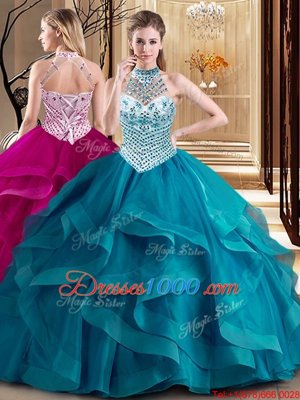 Halter Top Sleeveless Tulle With Brush Train Lace Up 15 Quinceanera Dress in Teal for with Beading and Ruffles