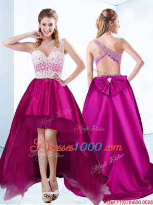 High Low Criss Cross Custom Made Pageant Dress Fuchsia and In for Prom and Party with Beading
