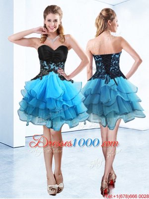 Popular Sweetheart Sleeveless Pageant Dress Toddler Mini Length Ruffled Layers Blue And Black Organza