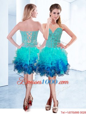 Dazzling Knee Length Aqua Blue Glitz Pageant Dress Organza Sleeveless Ruffles