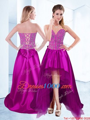 Fuchsia Satin Lace Up Sweetheart Sleeveless High Low High School Pageant Dress Beading