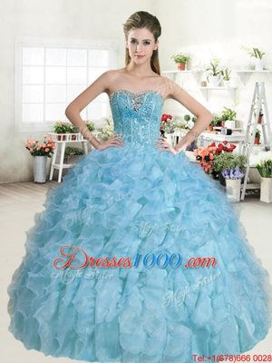 Best Selling Baby Blue Ball Gowns Beading and Ruffles Quinceanera Gowns Lace Up Organza Sleeveless Floor Length