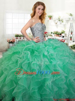 Green Sleeveless Organza Lace Up Quince Ball Gowns for Military Ball and Sweet 16 and Quinceanera