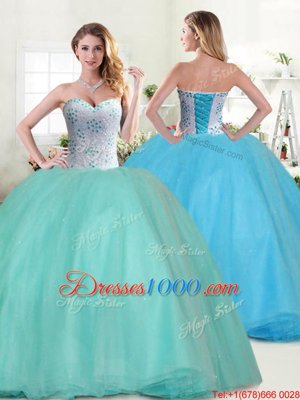 Super Apple Green Tulle Lace Up Sweet 16 Dress Sleeveless Floor Length Beading