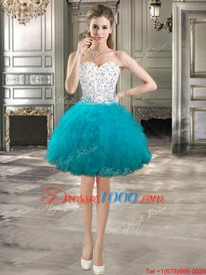Teal Sleeveless Mini Length Beading and Ruffles Lace Up