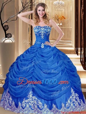 Sleeveless Floor Length Appliques and Pick Ups Lace Up 15 Quinceanera Dress with Royal Blue