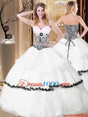 Spectacular Floor Length White 15th Birthday Dress Organza Sleeveless Ruffled Layers and Pattern