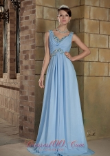 Brush Train Light Blue Straps Prom Dress