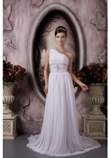 One Shoulder Court Train Chiffon Beaded Wedding Dress